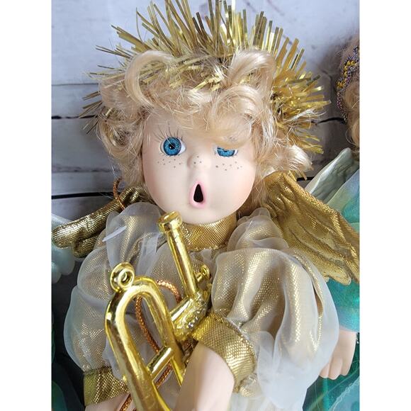 Porcelain Christmas Angel Dolls Lot 3 Dressed in Gold with Open Mouth Instrument - Picture 9 of 12